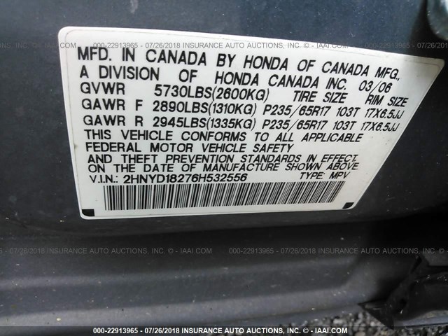 2HNYD18276H532556 - 2006 ACURA MDX BLUE photo 9