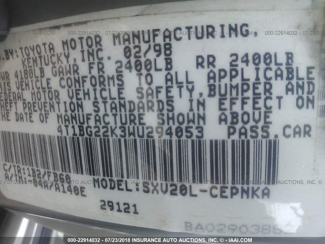 4T1BG22K3WU294053 - 1998 TOYOTA CAMRY CE/LE/XLE 金色 照片 9