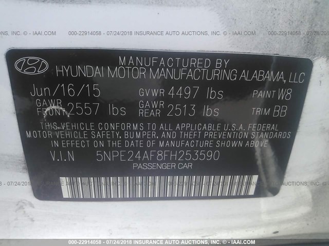 5NPE24AF8FH253590 - 2015 HYUNDAI SONATA SE WHITE photo 9