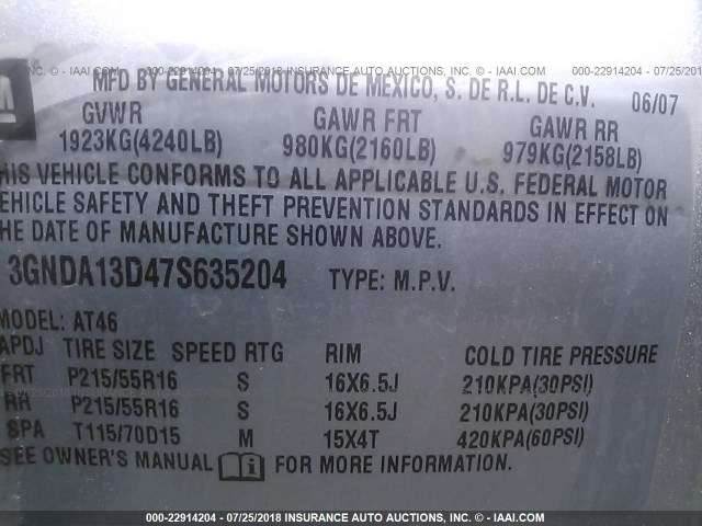 3GNDA13D47S635204 - 2007 CHEVROLET HHR LS Gümüş foto 9