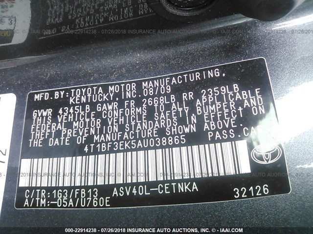 4T1BF3EK5AU038865 - 2010 TOYOTA CAMRY SE/LE/XLE ნაცრისფერი ფოტო 9