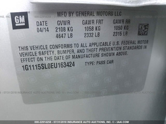 1G1115SL0EU163424 - 2014 CHEVROLET IMPALA LT SILVER photo 9