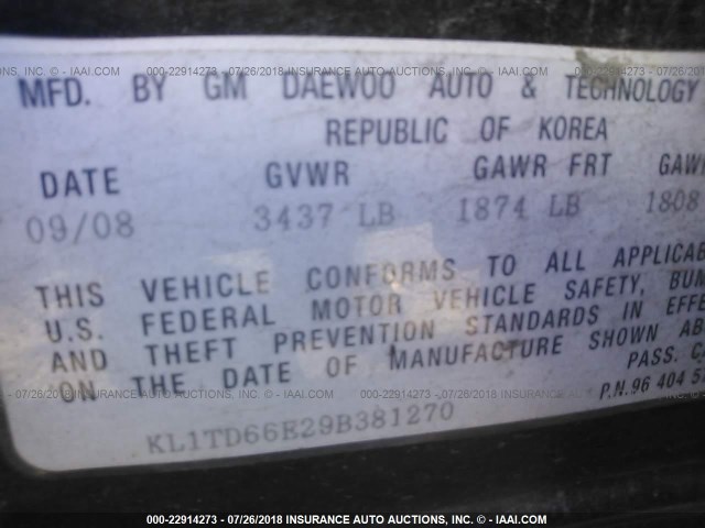 KL1TD66E29B381270 - 2009 CHEVROLET AVEO LS/LT 黑色 照片 9