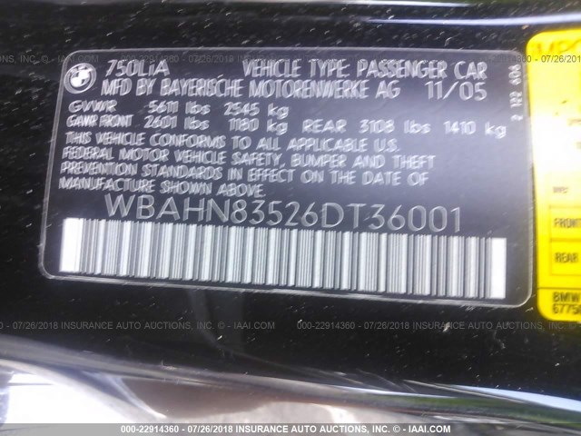 WBAHN83526DT36001 - 2006 BMW 750 LI BLACK photo 9