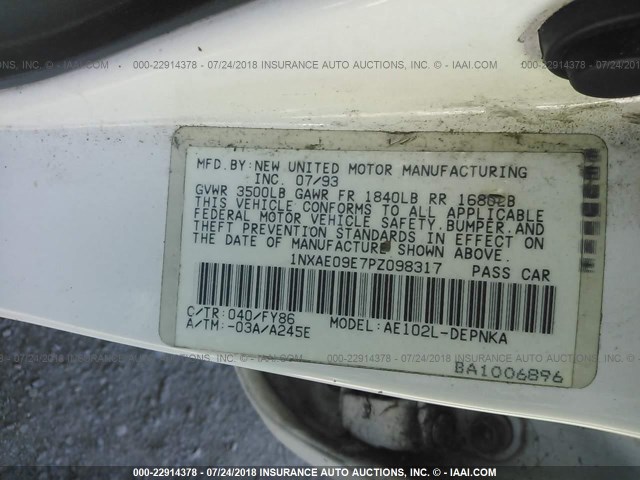 1NXAE09E7PZ098317 - 1993 TOYOTA COROLLA LE/DX 白色 照片 9