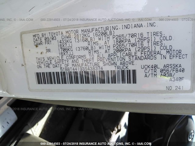 5TBBT44193S438374 - 2003 TOYOTA TUNDRA ACCESS CAB SR5 WHITE photo 9