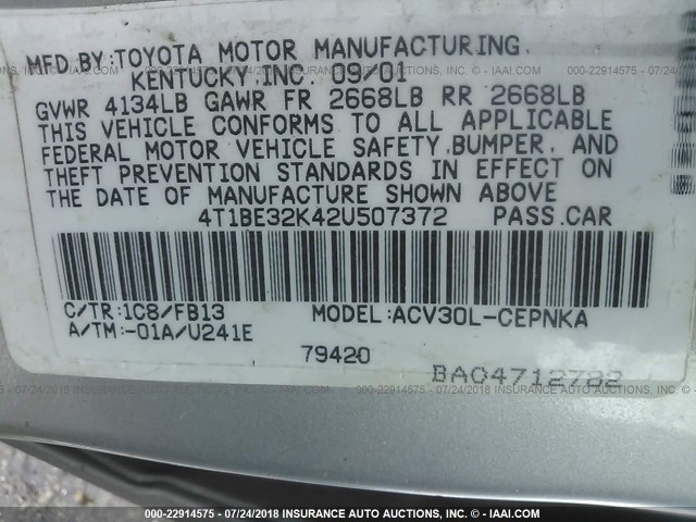 4T1BE32K42U507372 - 2002 TOYOTA CAMRY LE/XLE/SE Gümüş foto 9