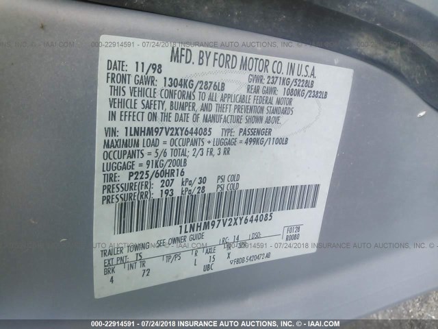 1LNHM97V2XY644085 - 1999 LINCOLN CONTINENTAL  Srebrny zdjęcie 9