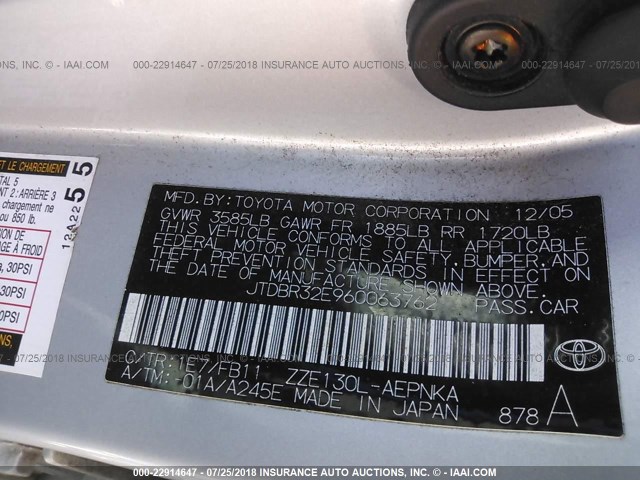 JTDBR32E960063762 - 2006 TOYOTA COROLLA CE/LE SILVER photo 9