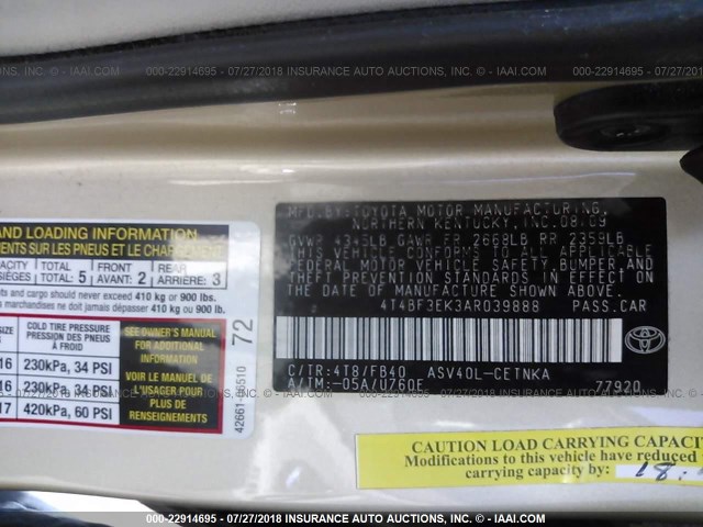 4T4BF3EK3AR039888 - 2010 TOYOTA CAMRY SE/LE/XLE ოქროსფერი ფოტო 9