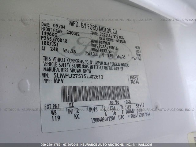 5LMFU27515LJ02613 - 2005 LINCOLN NAVIGATOR Ağ foto 9