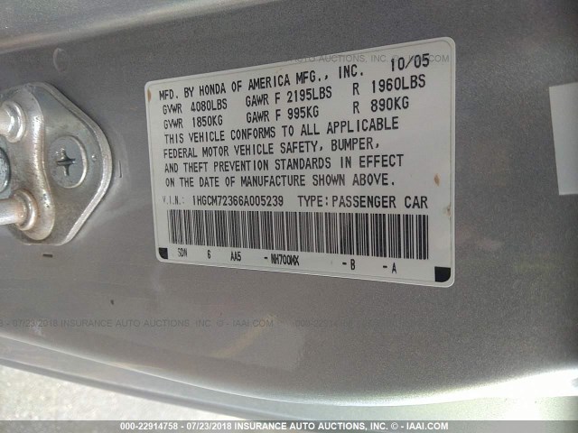 1HGCM72366A005239 - 2006 HONDA ACCORD LX SILVER photo 9