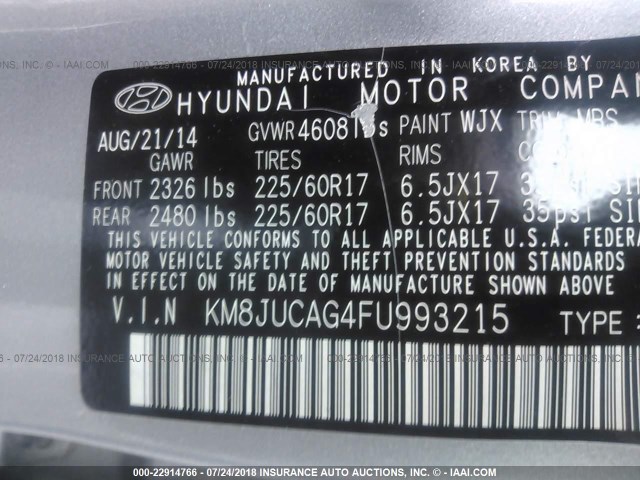 KM8JUCAG4FU993215 - 2015 HYUNDAI TUCSON LIMITED/SE SILVER photo 9