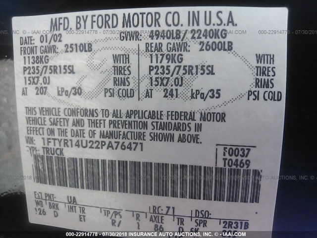 1FTYR14U22PA76471 - 2002 FORD RANGER SUPER CAB შავი ფოტო 9