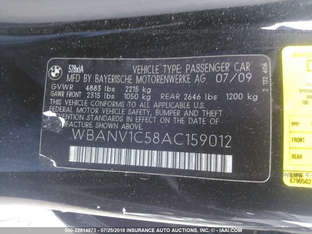 WBANV1C58AC159012 - 2010 BMW 528 XI BLACK photo 9