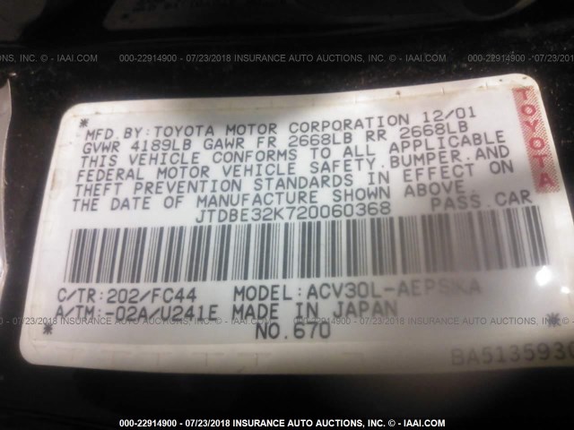 JTDBE32K720060368 - 2002 TOYOTA CAMRY LE/XLE/SE Qara foto 9