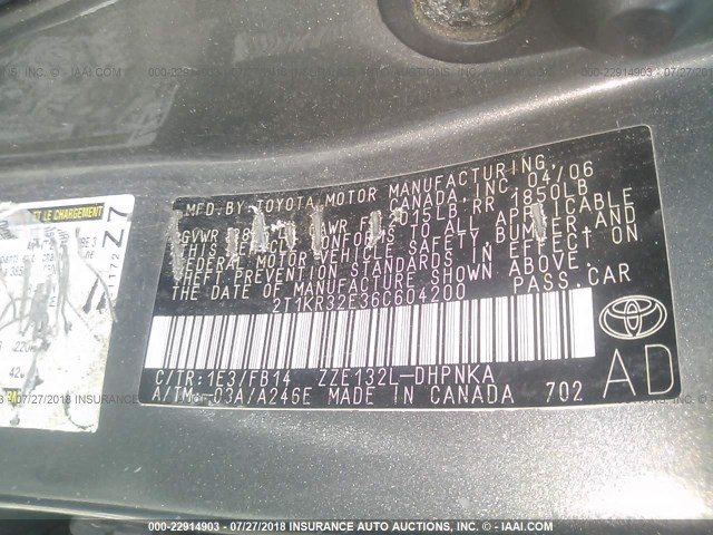 2T1KR32E36C604200 - 2006 TOYOTA COROLLA MATRIX XR GRAY photo 9