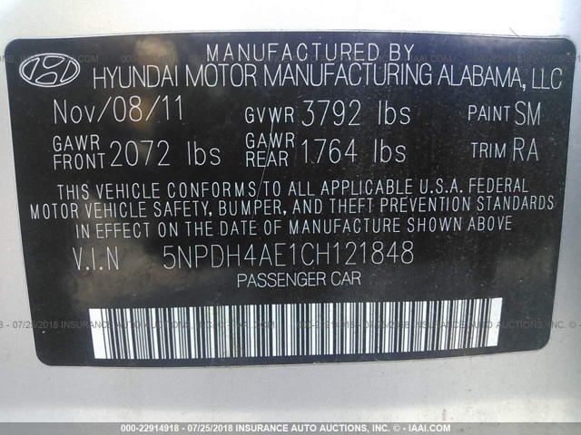 5NPDH4AE1CH121848 - 2012 HYUNDAI ELANTRA GLS/LIMITED SILVER photo 9