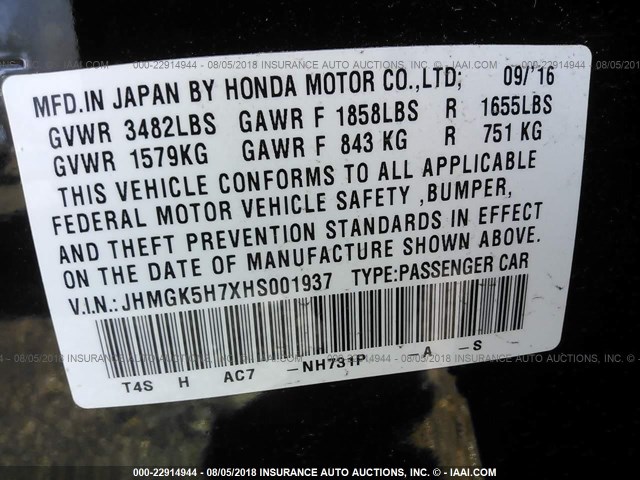 JHMGK5H7XHS001937 - 2017 HONDA FIT EX/EXL BLACK photo 9