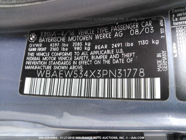 WBAEW534X3PN31778 - 2003 BMW 330 XI BLUE photo 9
