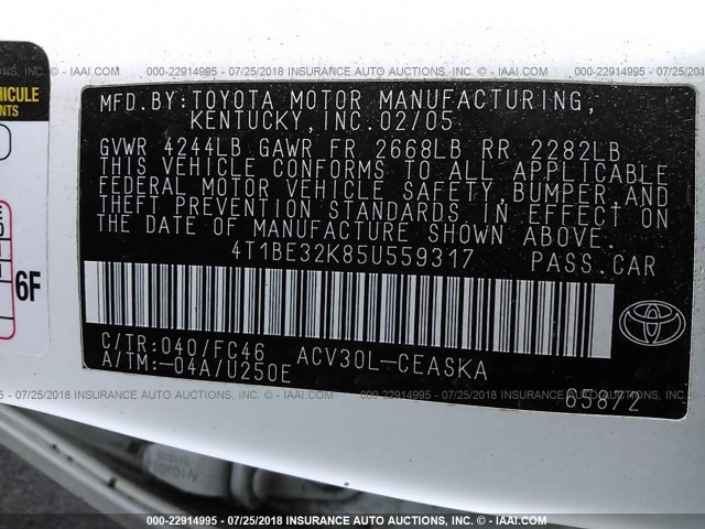 4T1BE32K85U559317 - 2005 TOYOTA CAMRY LE/XLE/SE Ağ foto 9