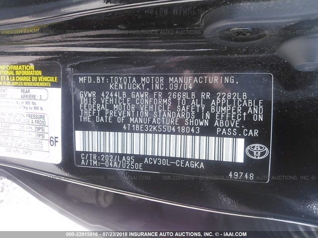 4T1BE32K55U418043 - 2005 TOYOTA CAMRY LE/XLE/SE Qara foto 9