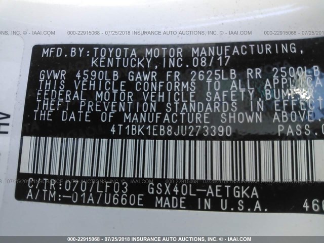 4T1BK1EB8JU273390 - 2018 TOYOTA AVALON XLE PLUS/PREMIUM/TOUR/LTD WHITE photo 9