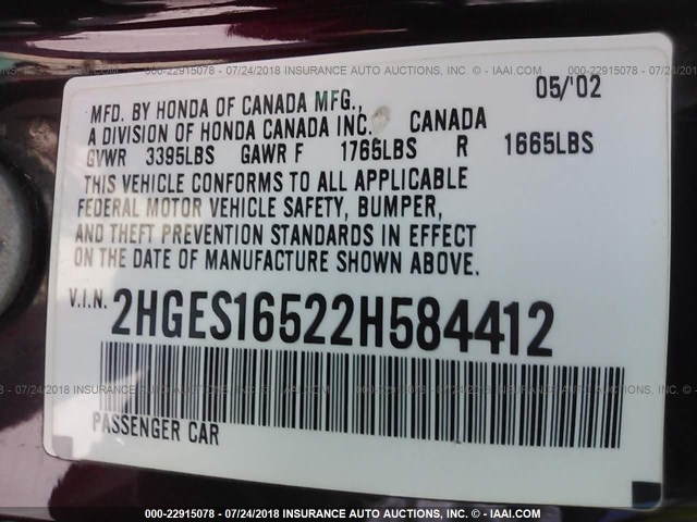 2HGES16522H584412 - 2002 HONDA CIVIC LX BURGUNDY photo 9