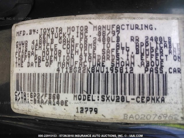 4T1BG22K8WU195812 - 1998 TOYOTA CAMRY CE/LE/XLE 黑色 照片 9