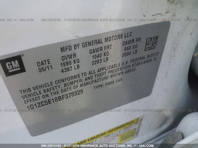 1G1ZC5E18BF378329 - 2011 CHEVROLET MALIBU 1LT WHITE photo 9