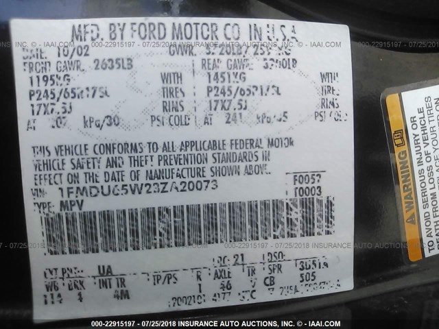 1FMDU65W23ZA20073 - 2003 FORD EXPLORER LIMITED 黑色 照片 9