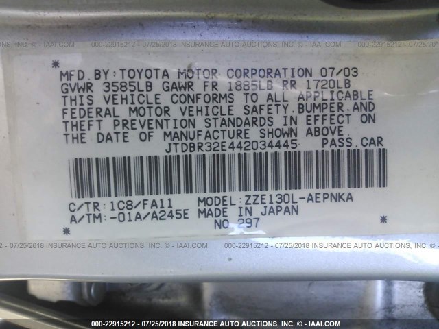 JTDBR32E442034445 - 2004 TOYOTA COROLLA CE/LE SILVER photo 9