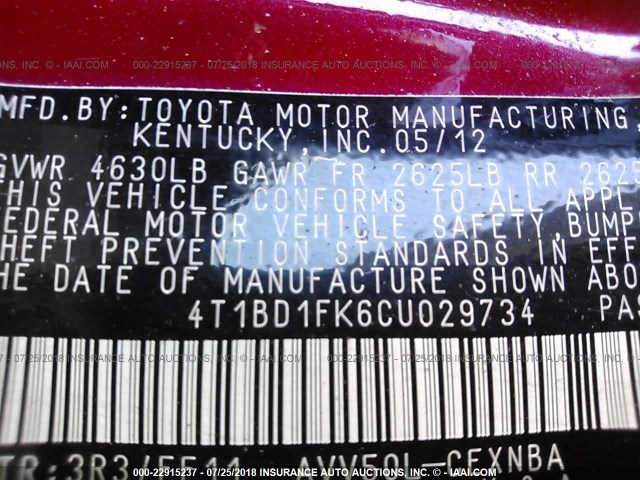 4T1BD1FK6CU029734 - 2012 TOYOTA CAMRY HYBRID/LE/XLE RED photo 9