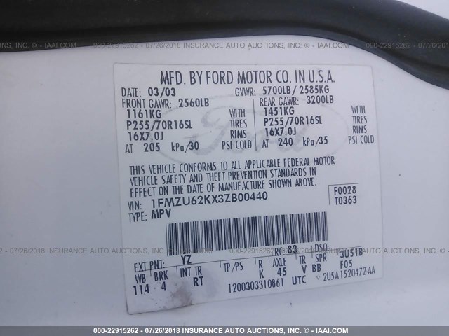 1FMZU62KX3ZB00440 - 2003 FORD EXPLORER XLS/XLS SPORT 白色 照片 9