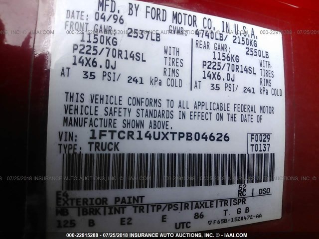 1FTCR14UXTPB04626 - 1996 FORD RANGER SUPER CAB RED photo 9