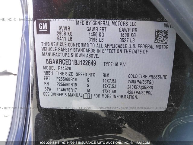 5GAKRCED1BJ122649 - 2011 BUICK ENCLAVE CXL BLACK photo 9