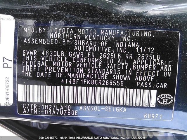 4T4BF1FK8CR268556 - 2012 TOYOTA CAMRY SE/LE/XLE BLUE photo 9