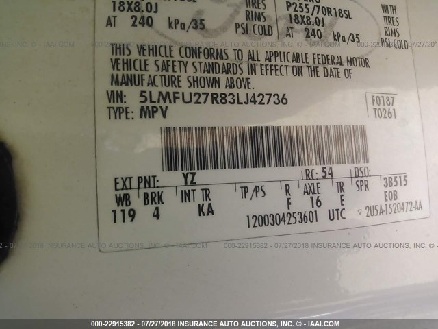 5LMFU27R83LJ42736 - 2003 LINCOLN NAVIGATOR WHITE photo 9