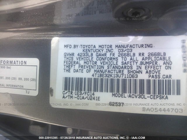 4T1BE32K13U711063 - 2003 TOYOTA CAMRY LE/XLE/SE 灰色 照片 9