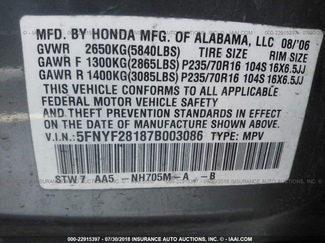 5FNYF28187B003086 - 2007 HONDA PILOT LX GRAY photo 9