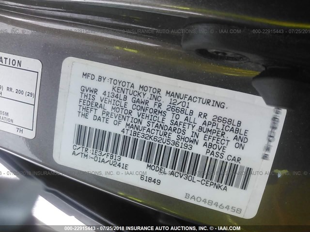 4T1BE32K62U536193 - 2002 TOYOTA CAMRY LE/XLE/SE 灰色 照片 9