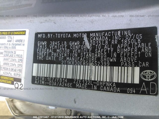 2T1KR30E85C552399 - 2005 TOYOTA COROLLA MATRIX XR SILVER photo 9