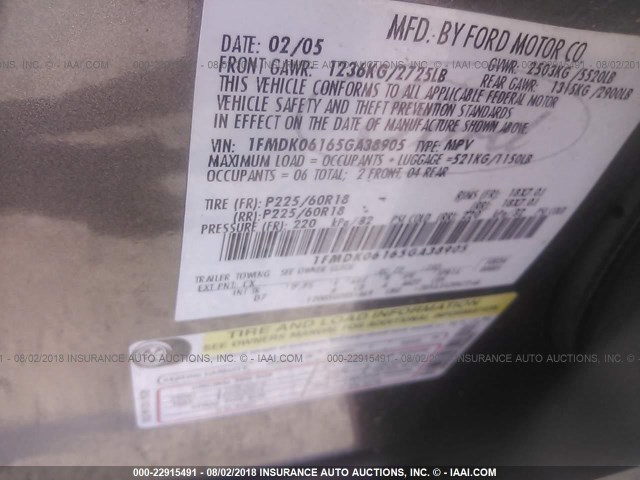 1FMDK06165GA38905 - 2005 FORD FREESTYLE LIMITED GRAY photo 9