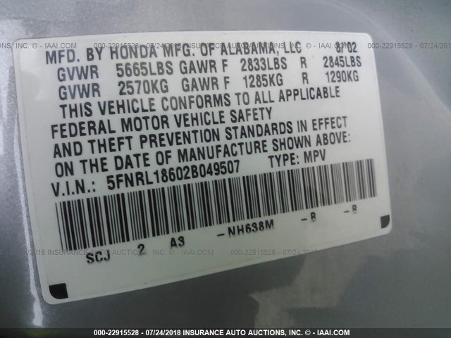 5FNRL18602B049507 - 2002 HONDA ODYSSEY EX SILVER photo 9