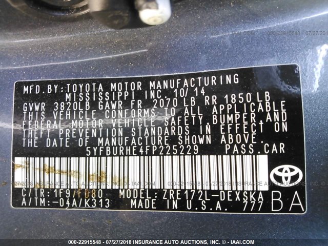 5YFBURHE4FP225229 - 2015 TOYOTA COROLLA L/LE/LE PLS/PRM/S/S PLS 灰色 照片 9