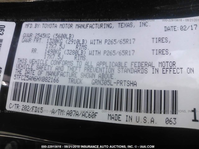 5TFCZ5AN6HX082166 - 2017 TOYOTA TACOMA DBL CAB/SR/TRDSPT/OR/PRO შავი ფოტო 9