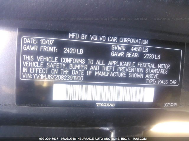 YV1MJ672082391900 - 2008 VOLVO V50 T5 GRAY photo 9