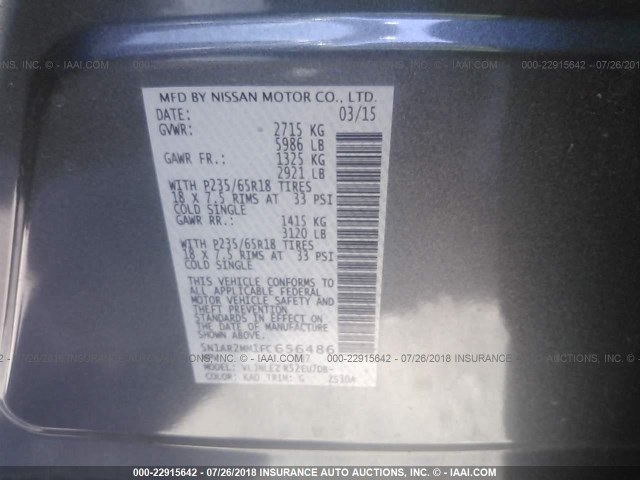 5N1AR2MM1FC656486 - 2015 NISSAN PATHFINDER S/SV/SL/PLATINUM GRAY photo 9