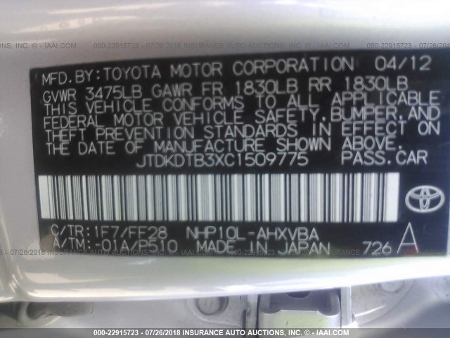 JTDKDTB3XC1509775 - 2012 TOYOTA PRIUS C SILVER photo 9