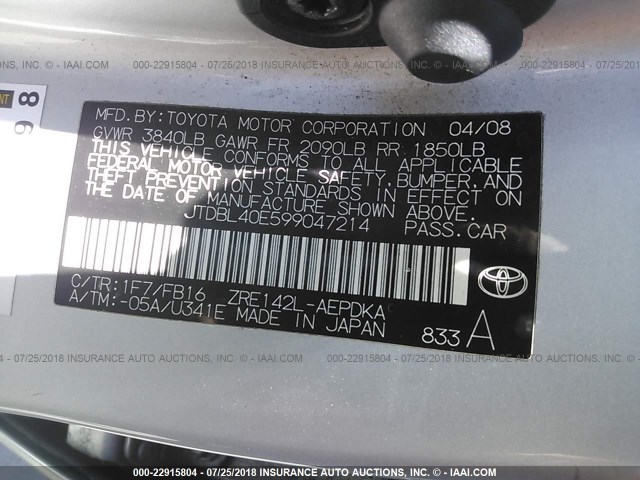 JTDBL40E599047214 - 2009 TOYOTA COROLLA LE/XLE SILVER photo 9